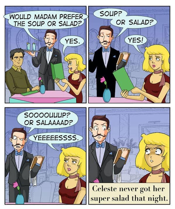 An Eric Salinas comic about the confusion between soup or salad and a super salad