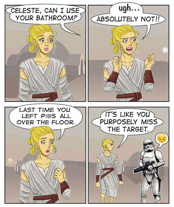 A relatable comic joking about Stormtroopers always missing their target even in the bathroom.
