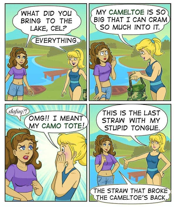 An Eric Salinas comic where Celeste accidentally says cameltoe instead of camo tote.