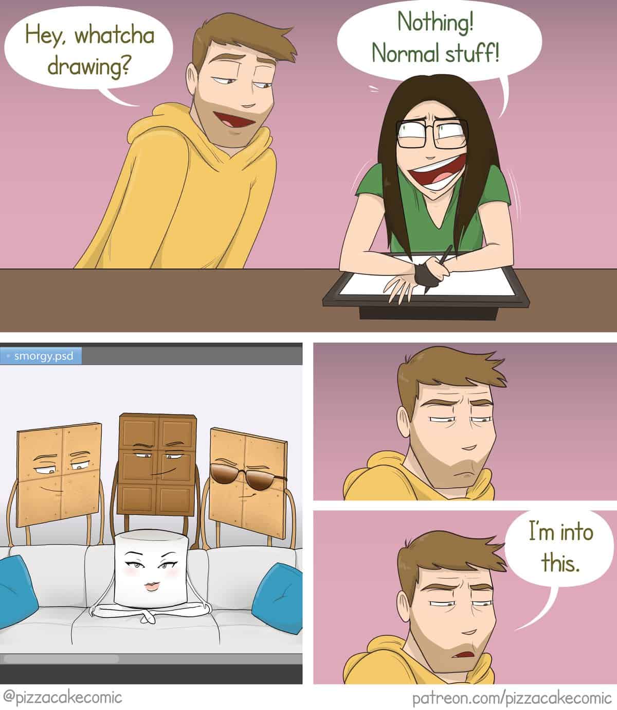 A relatable comic showing a woman drawing a suggestive picture of a marshmallow and chocolate bar s'more characters.