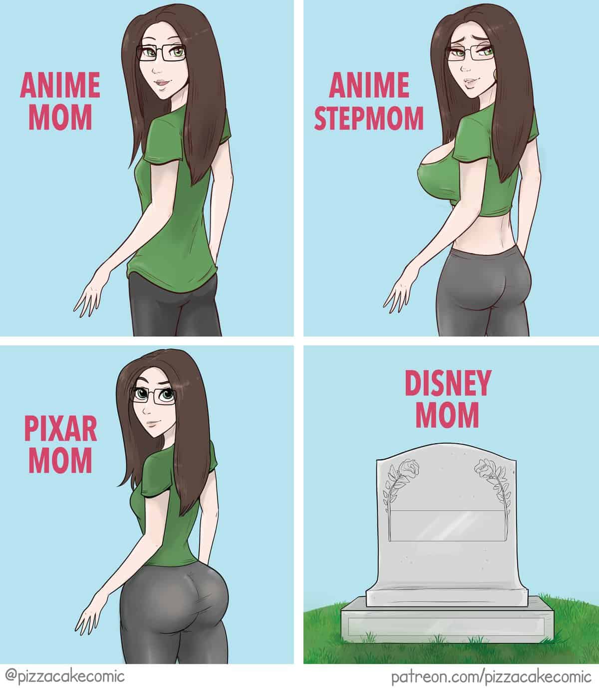 A funny comic comparing the body types of Anime Moms, Pixar Moms, and the tragic fate of Disney Moms.