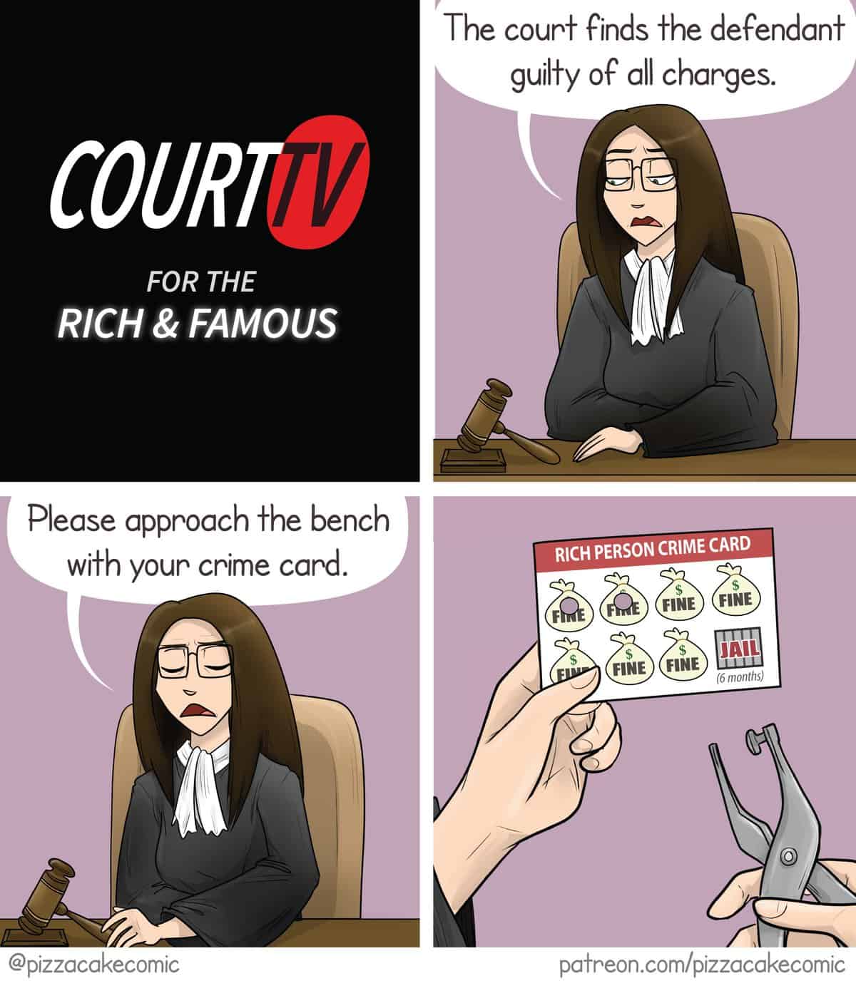 A satirical comic about a Rich Person Crime Card where wealthy people get a punch card for crimes instead of jail.