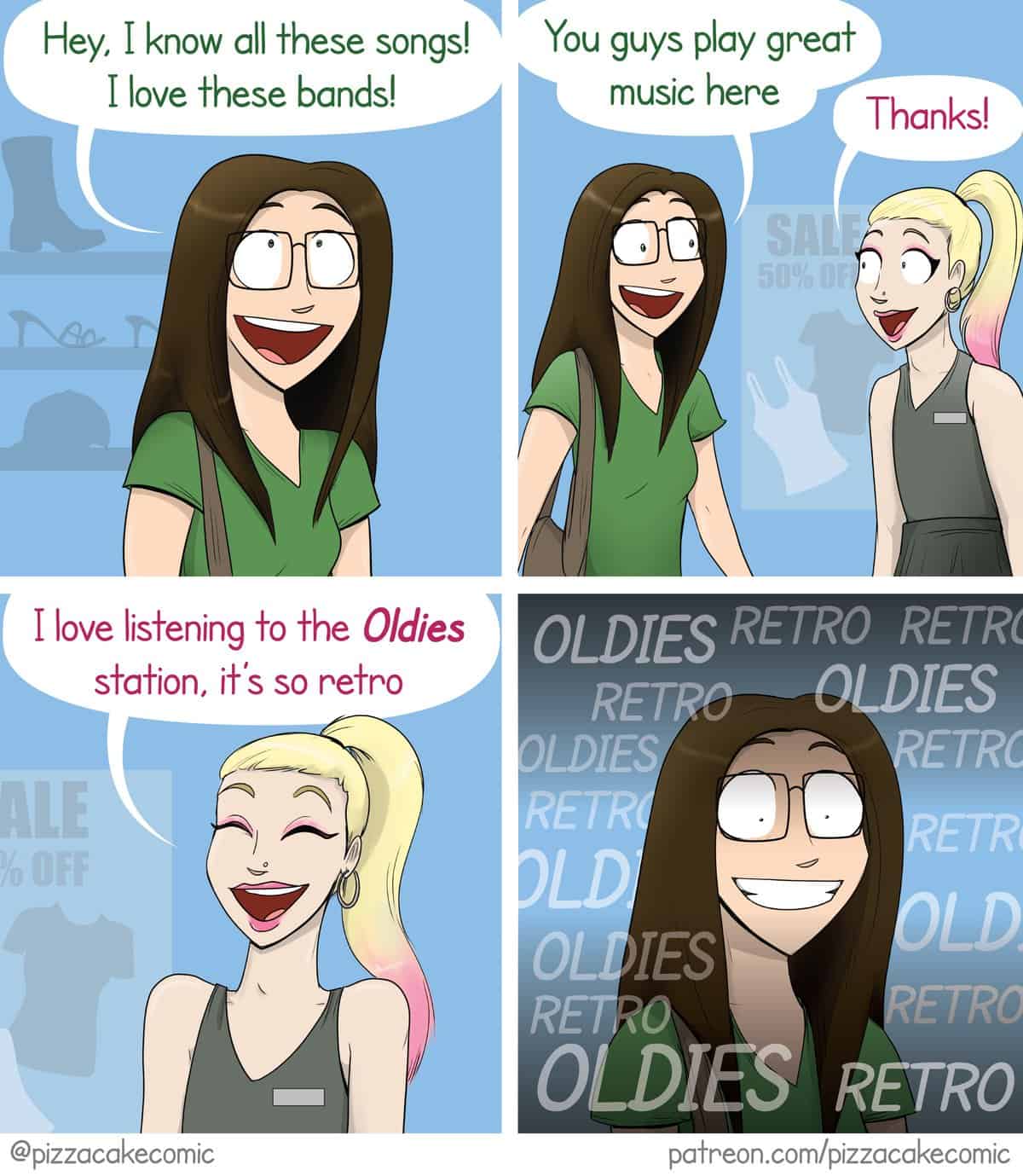 A comic about feeling old when the songs you grew up with are played on the Oldies radio station.
