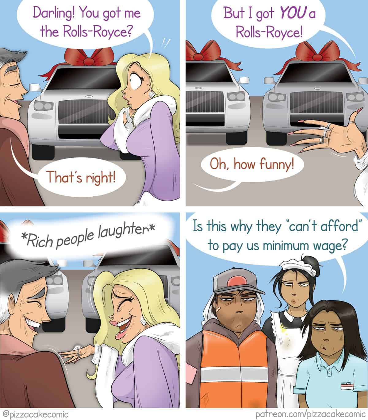 A comic contrasting rich couple gifting Rolls Royces with minimum wage workers watching them.