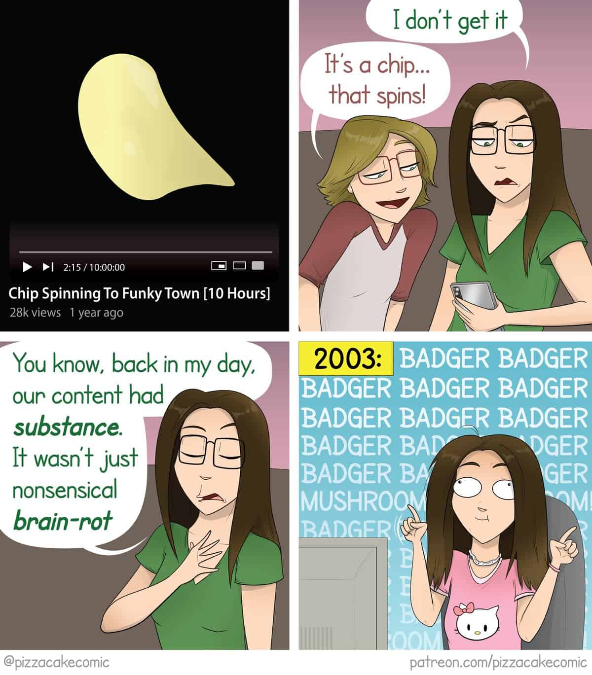 A funny comic comparing modern spinning chip brain rot videos to the Badger Badger Mushroom flash animation of 2003.