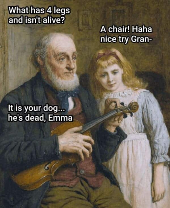 Old man delivering bad news about a dead dog to a girl with a riddle.