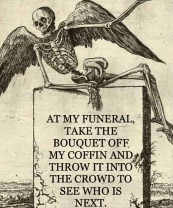 Skeleton sitting on a tombstone proposing a bouquet toss to predict the next death.