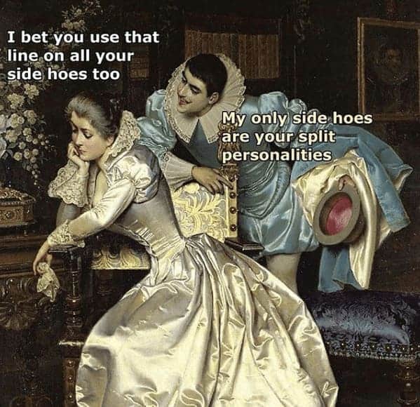 Classical painting of a couple arguing about infidelity and split personalities.