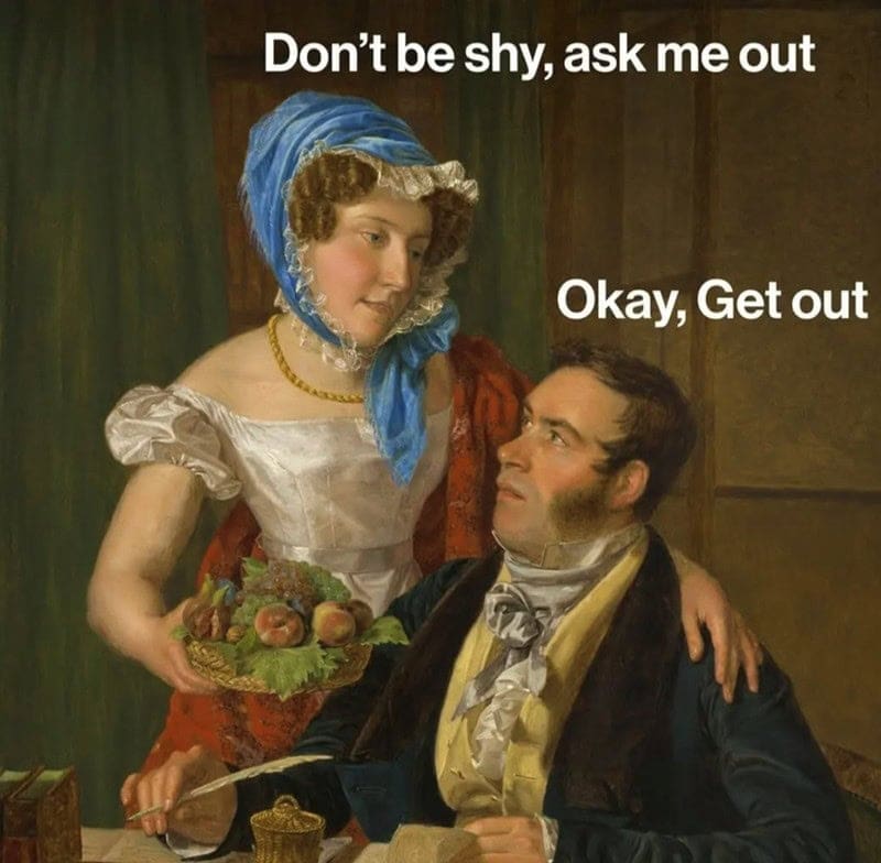 Painting of a man and woman where asking someone out turns into kicking them out.