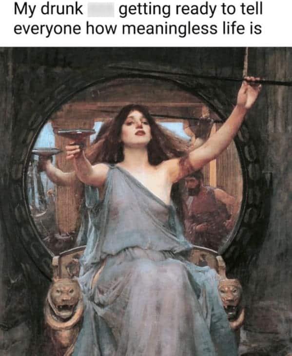 Painting of a woman holding a goblet preparing to give a nihilistic drunken speech.