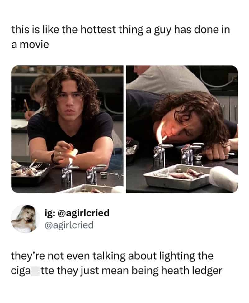 Tweet comparing Heath Ledger lighting a Bunsen burner to romantic movie scenes.