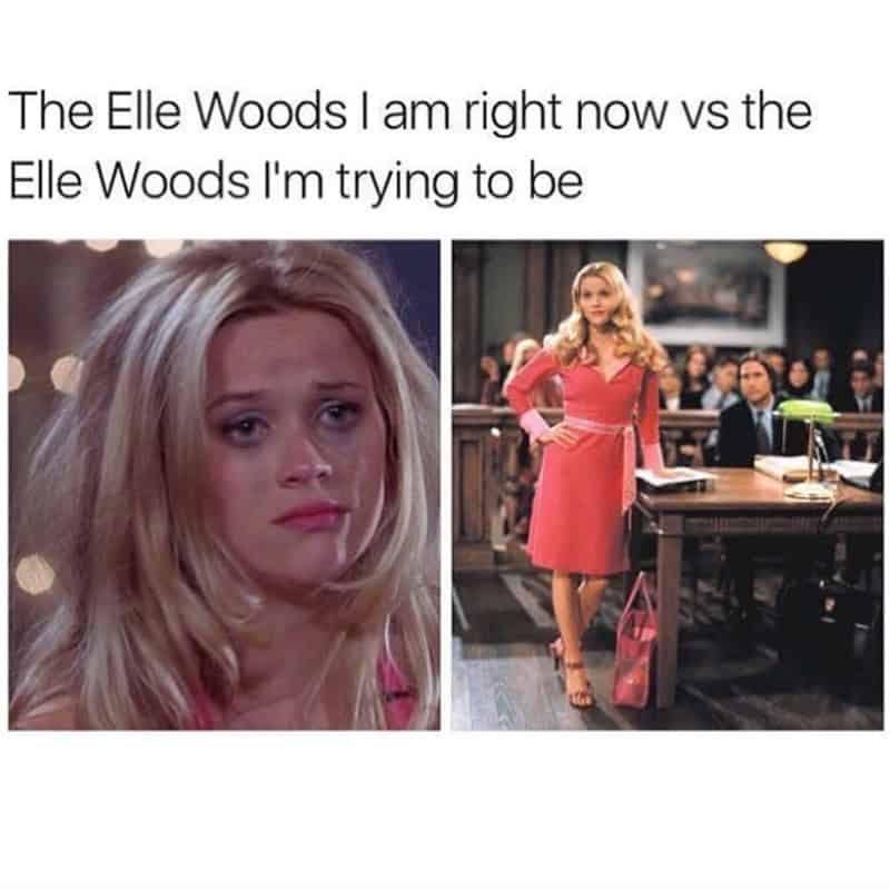 Comparison of disheveled Reese Witherspoon vs polished Elle Woods in Legally Blonde.