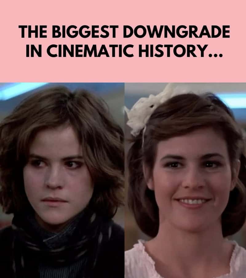 Comparison of Ally Sheedy in The Breakfast Club before and after her makeover.
