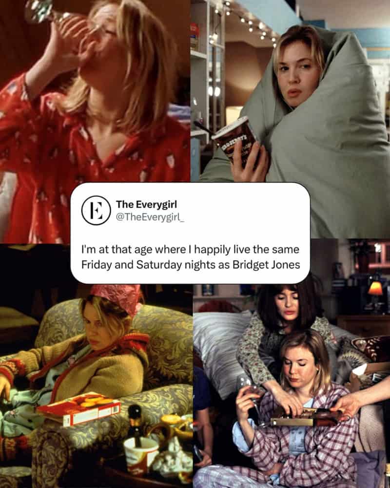 Collage of Bridget Jones drinking wine alone compared to modern weekend plans.