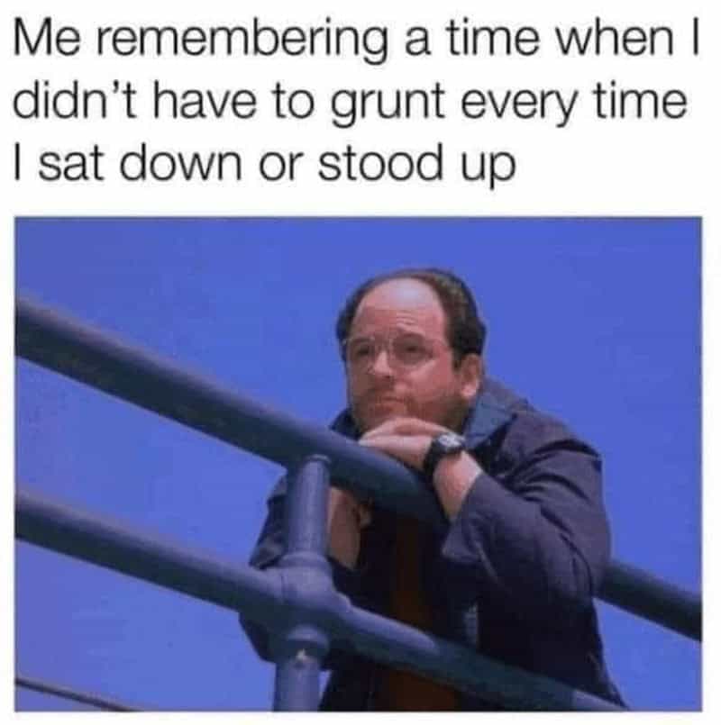 George Costanza leaning on railing contemplating age and grunting pain.