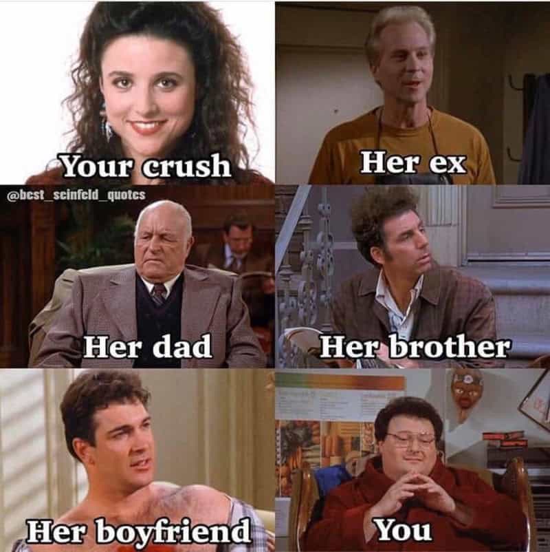 Grid meme comparing crush's family to Seinfeld cast with viewer as Newman.