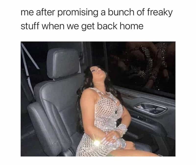 Cardi B sleeping in a car seat wearing a sparkly dress captioned about empty promises.