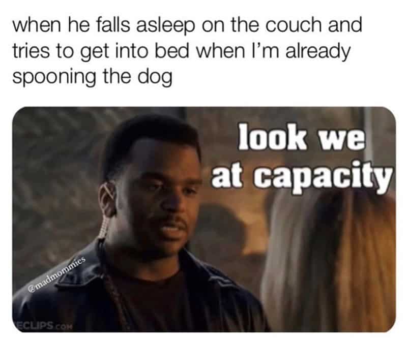 Craig Robinson saying look we at capacity to a husband trying to get in bed.