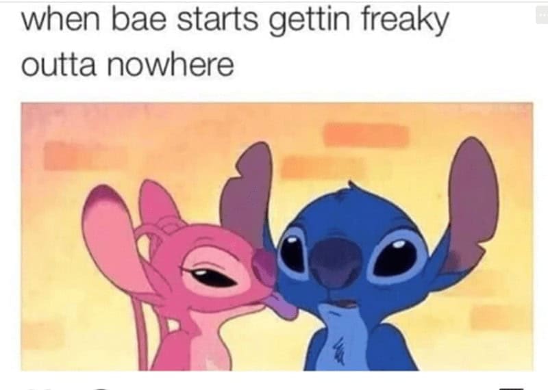 Angel licking a surprised Stitch's face representing a partner getting freaky unexpectedly.