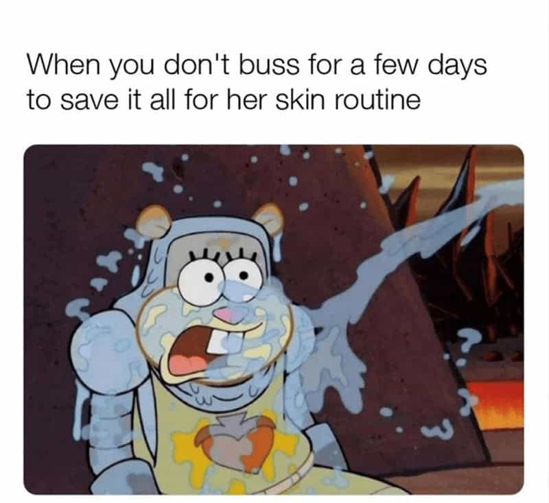 Sandy Cheeks covered in slime captioned about saving up for a skincare routine.