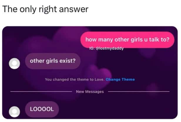 Text messages showing a boyfriend denying the existence of other girls to his partner.