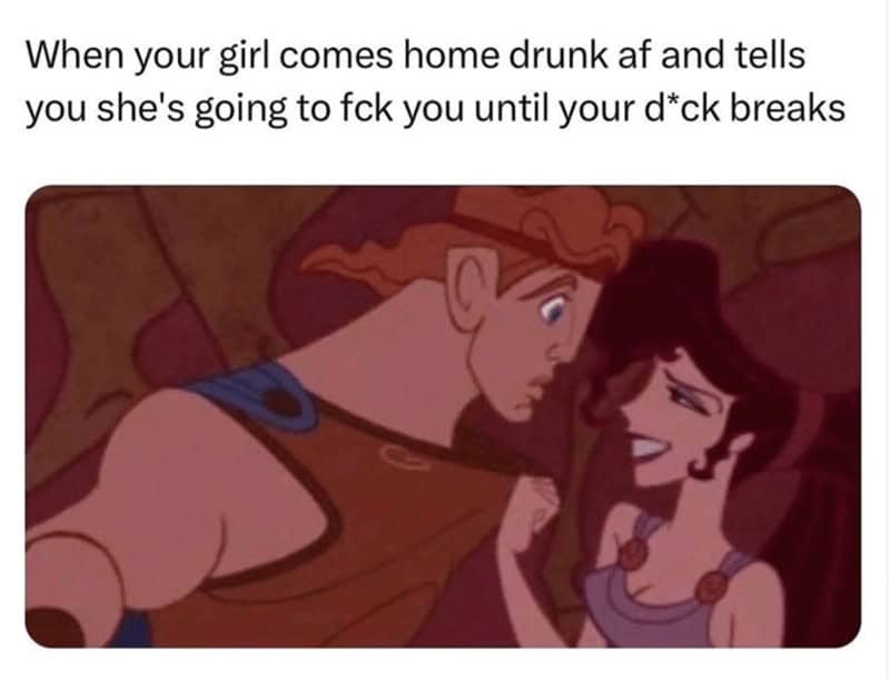 Megara grabbing Hercules aggressively by his shirt with a flirty expression.