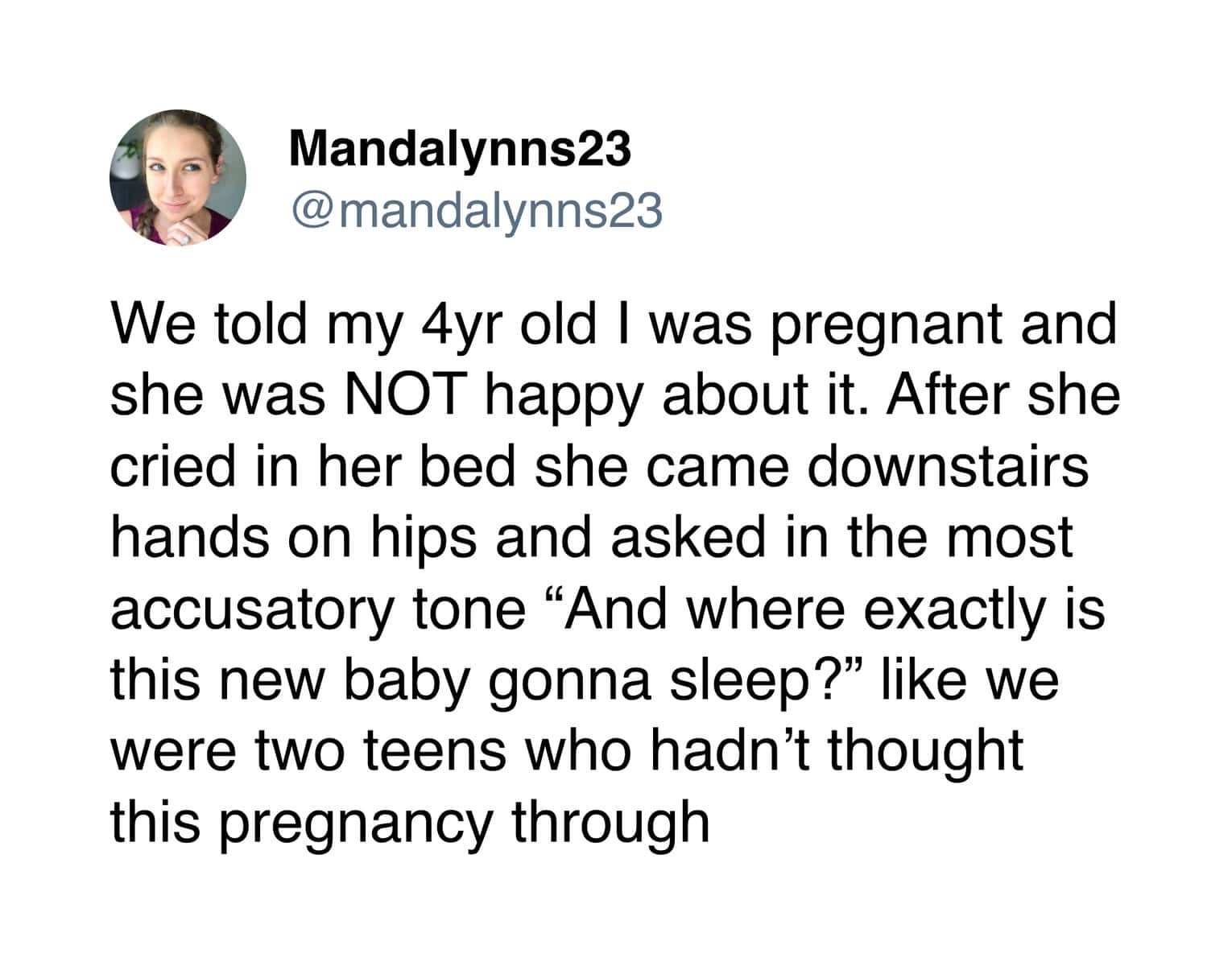 Sibling meme of a tweet about a 4-year-old reacting brutally to pregnancy news by asking where the baby will sleep.