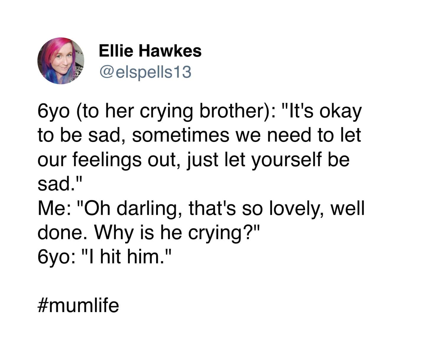 Sibling meme of a tweet where a 6-year-old comforts a crying brother, then admits she hit him.