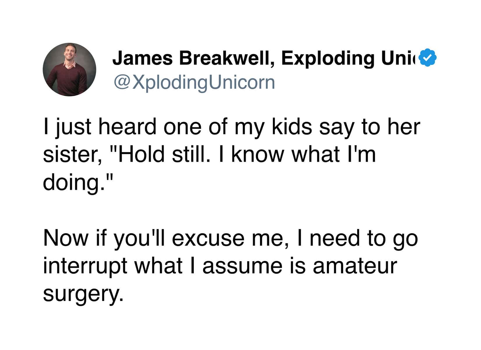 Sibling meme of a tweet about kids saying “hold still, I know what I’m doing” and a parent interrupting amateur surgery.