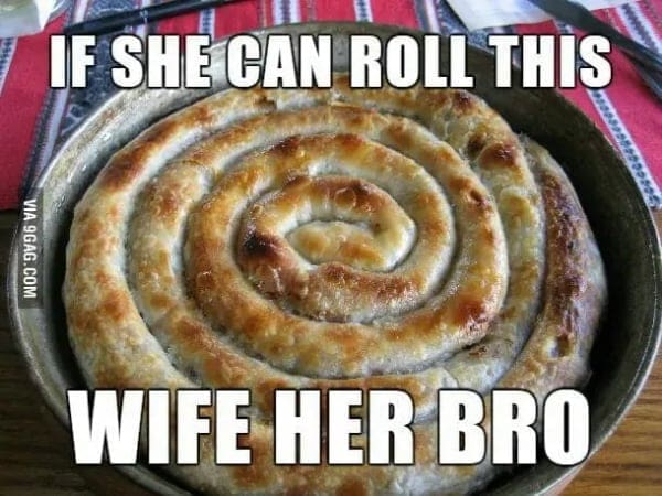 Perfectly rolled spiral pastry in round pan with caption about marriage potential.