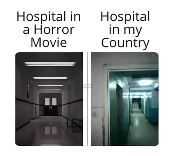 Horror movie hospital hallway compared to a much scarier real life Balkan hospital.