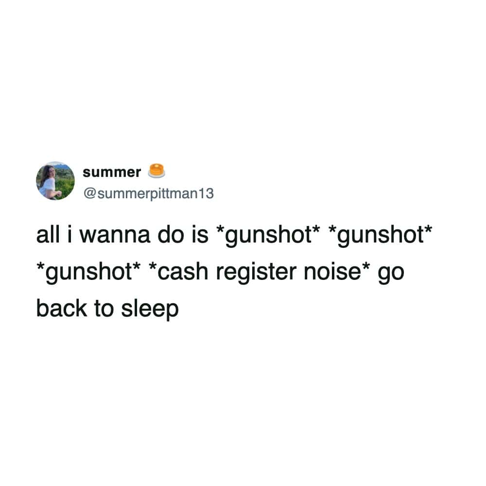 A funny tweet about sleep referencing M.I.A.'s song Paper Planes to describe wanting to nap immediately.