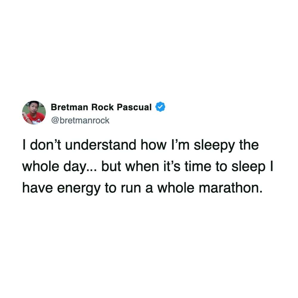 A sleep meme tweet by Bretman Rock about having marathon-running energy only when it is time to sleep.
