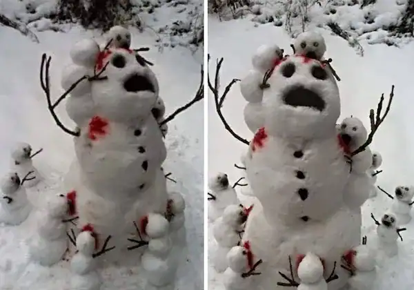 Large snowman screaming while being eaten by tiny snowmen.