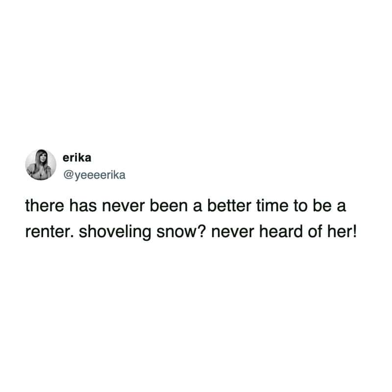 Tweet about renters enjoying not having to clear driveways winter perks
