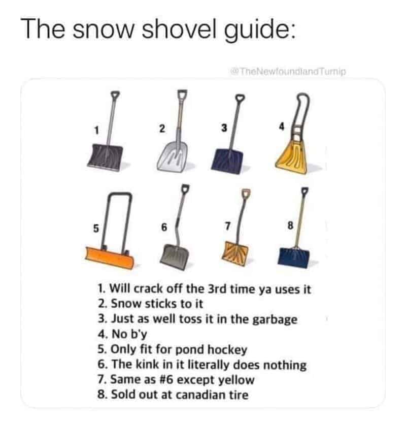 Chart showing different broken and useless shovels funny winter tools guide