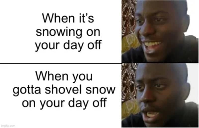 Man smiling then looking shocked about working on day off winter memes