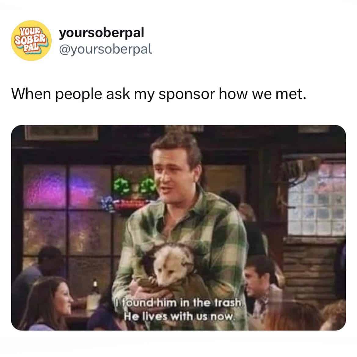 Marshall from How I Met Your Mother holding possum found in trash sponsor meme.