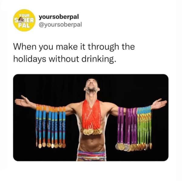 Michael Phelps wearing dozens of gold medals celebrating dry holidays sober meme.