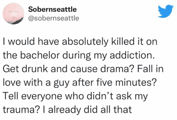 Tweet joking about how addiction behavior would be perfect for The Bachelor reality show.