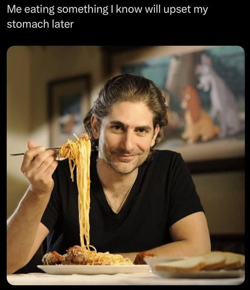 A sopranos meme of Christopher Moltisanti staring intensely while eating spaghetti, captioned "Me eating something I know will upset my stomach later."