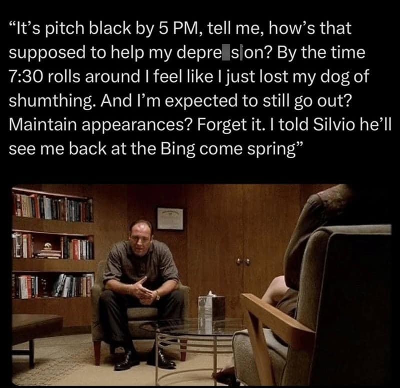 A sopranos meme with text ranting about it being pitch black by 5 PM and refusing to go out until spring, featuring Tony in therapy.