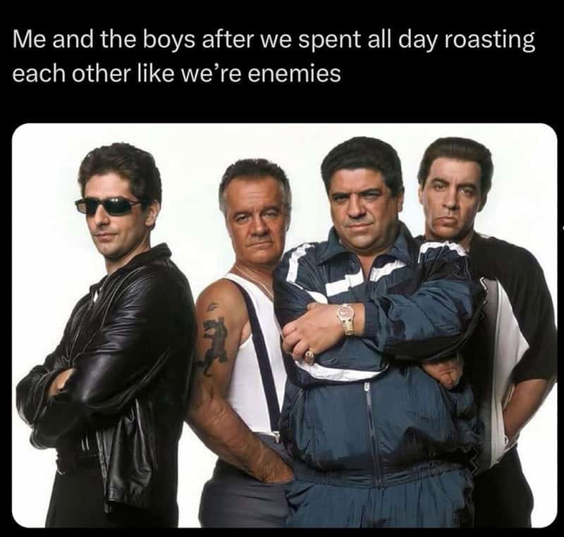 A sopranos meme showing Christopher, Paulie, Big Pussy, and Silvio standing with arms crossed looking tough after roasting each other all day.