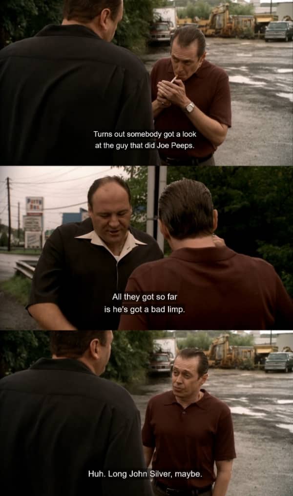 Tony Soprano and Tony Blundetto joking about a limping hitman Long John Silver