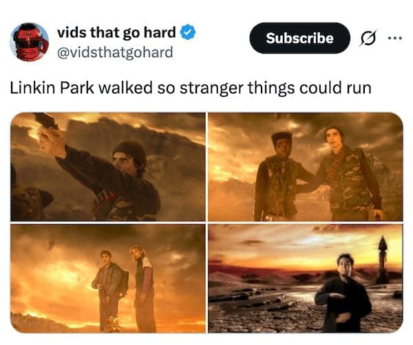 Tweet showing side-by-side comparison of Stranger Things visuals and Linkin Park music videos.