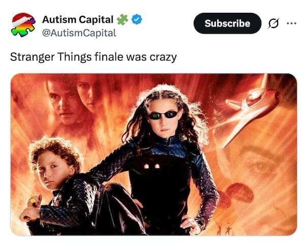 Tweet comparing the Stranger Things finale to the Spy Kids 3D Game Over movie poster.