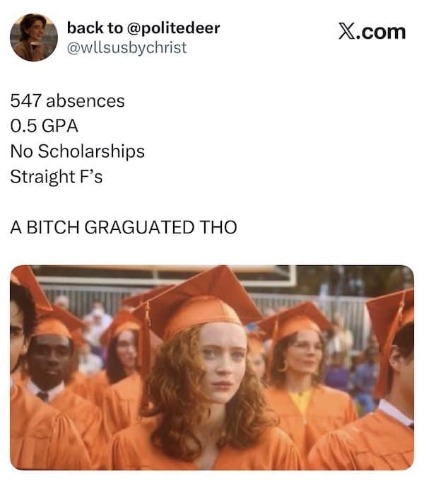 Tweet joking about Max graduating high school despite 547 absences and a 0.5 GPA.