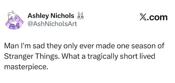 Tweet jokingly claiming Stranger Things only had one season to avoid acknowledging the finale.