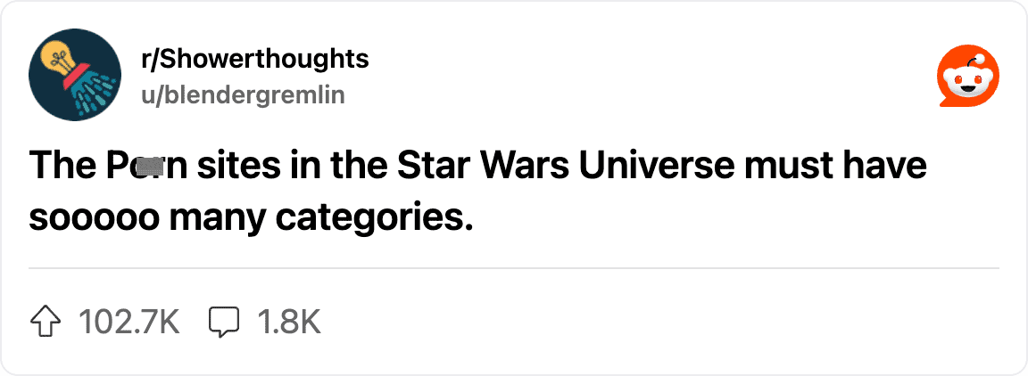Funny Reddit post speculating about the endless adult content categories in Star Wars.