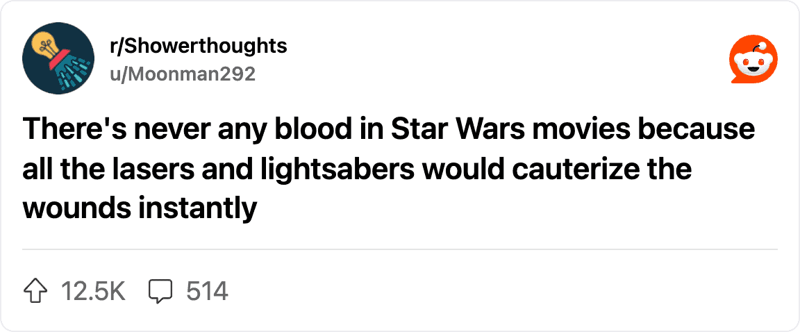 Explanation that lightsabers cauterize wounds instantly, explaining the lack of blood in Star Wars.